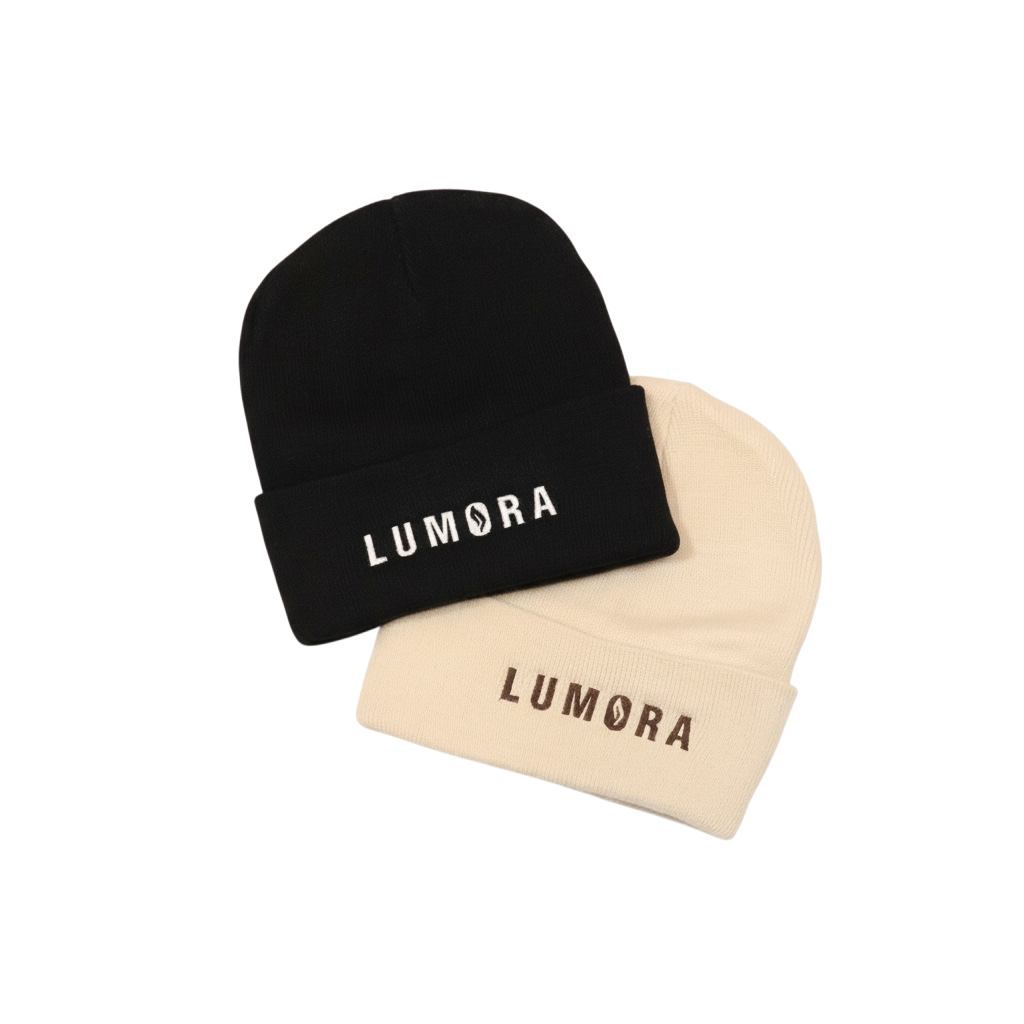 Lumora knit beanies in black and ivory with minimalist cuffed design